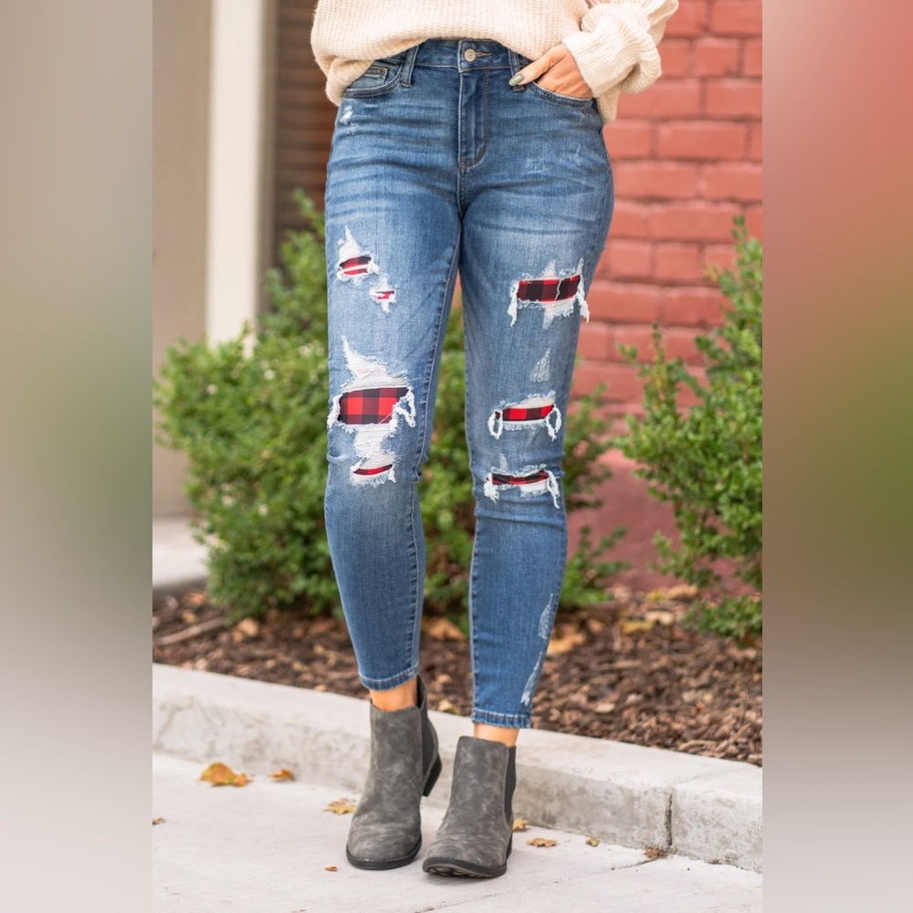 Judy Blue size 22W So Buffalo - Plaid Patch Skinny